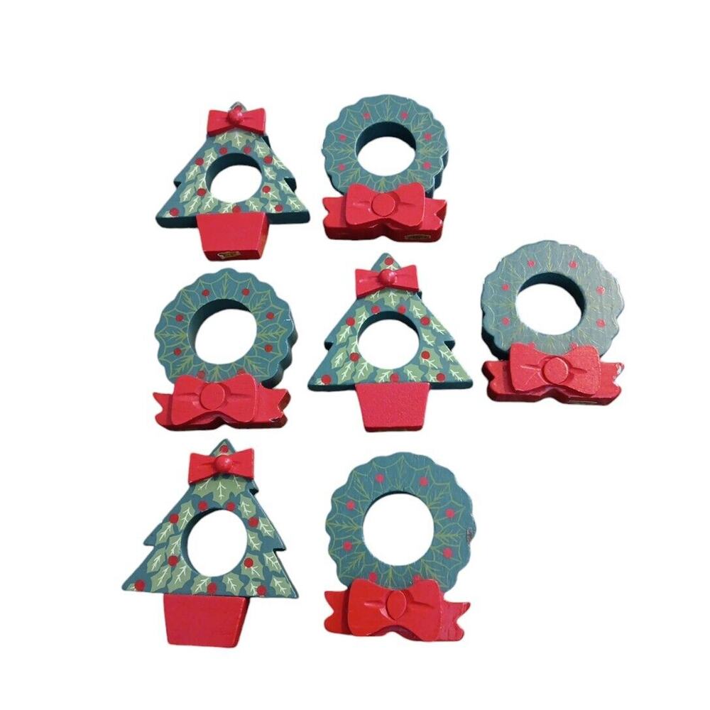 Christmas Trees Wreaths Holiday‎ Napkin Rings Holders Wooden Set of 7 Vtg READ
